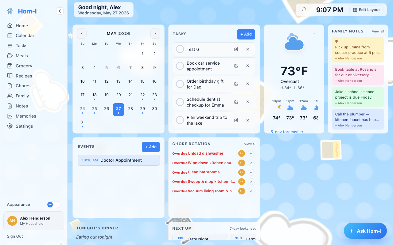Hom-I home screen showing the household hub with calendar, meal plan, and task widgets