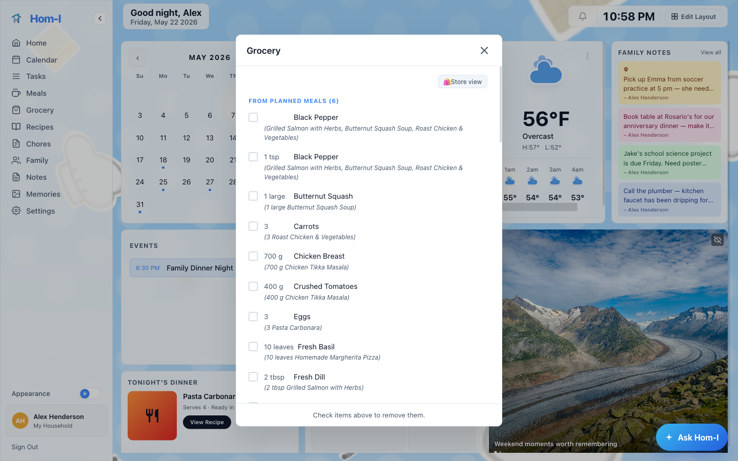 Hom-I smart grocery list with consolidated meal ingredients