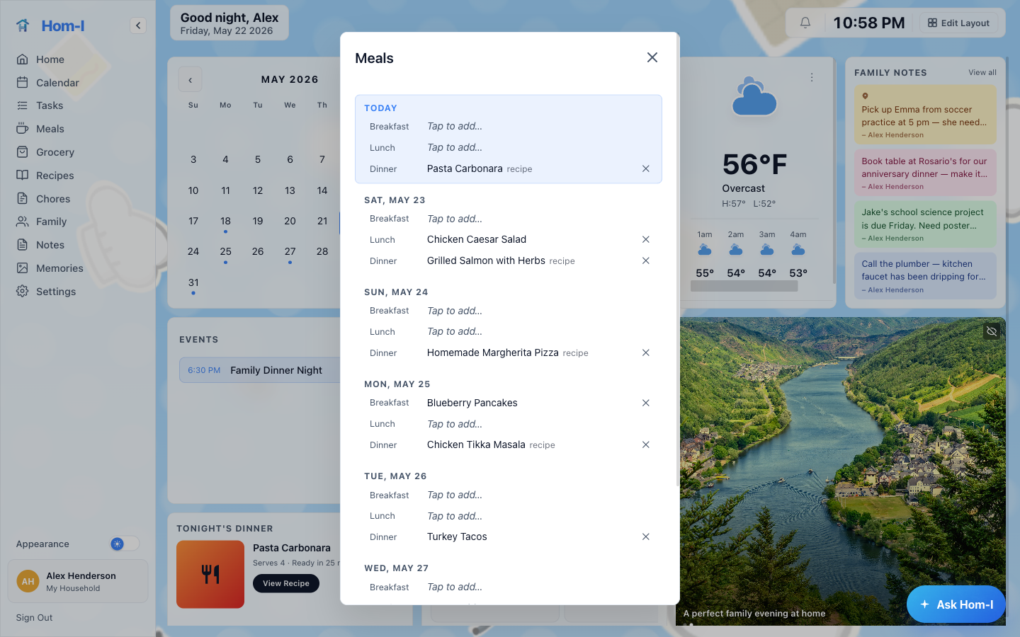 Hom-I 7-day meal planner with linked recipes