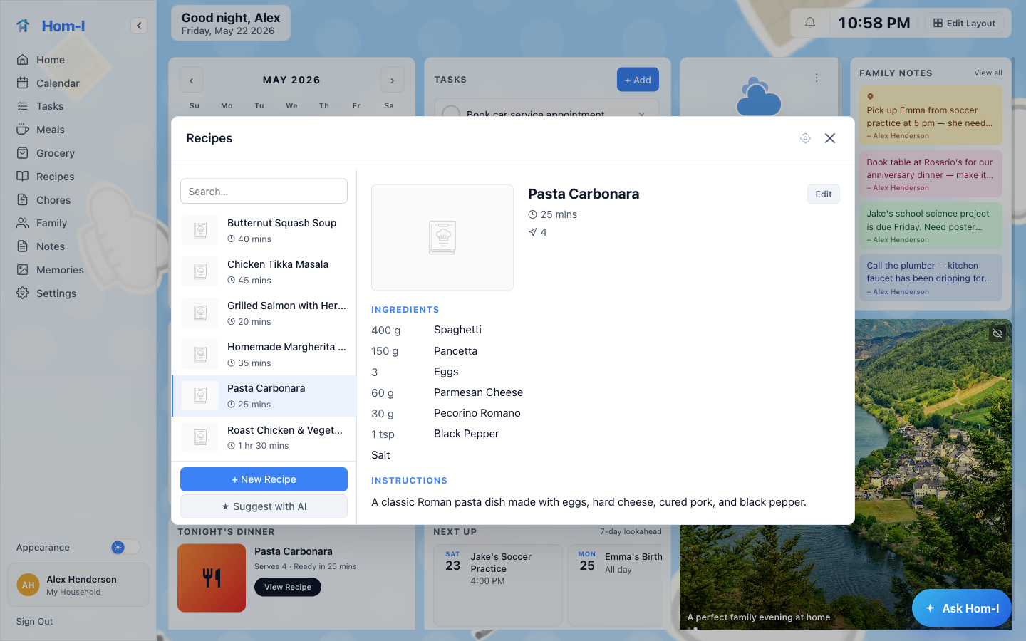 Hom-I recipe book with structured ingredients and AI generation